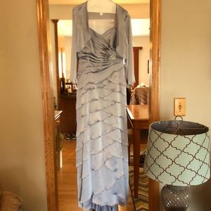 Periwinkle Mother of the Bride Dress. Silver beads on sleeves and jacket.  Train